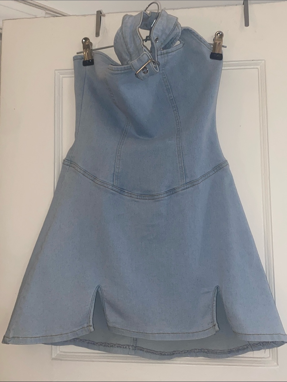 Light Blue Stretchy Strapless Denim Mini Dress with Buckle Neck Detail